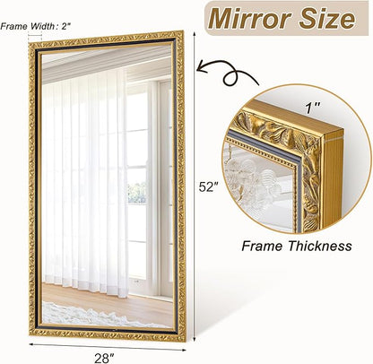 Large Vintage Decorative Mirror for Wall, 52'' x 28'' Gold Antiuqe Living Room Mirror with Black Gold Frame, Traditional Vintage Gold Wooden Mirrors, Horizontal/Vertical