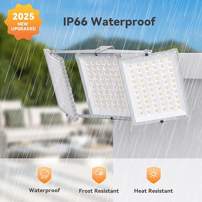600W 2 Pack 2025 Plus New Upgraded LED Flood Light Outdoor, 60000LM Super Bright Stadium Lights, 6000K Daylight White, IP66 Waterproof, 3 Heads Adjustable Floodlights for Yard, Arena, Street