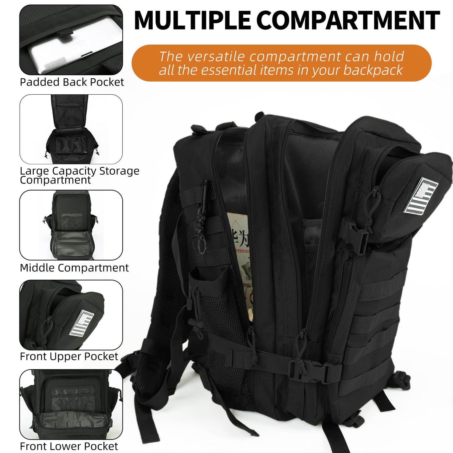 gracedon Military Tactical Backpack for Men and Women Army Camping Daypack Bug out Bag 45l Asault Pack for Travel Hiking (Black)