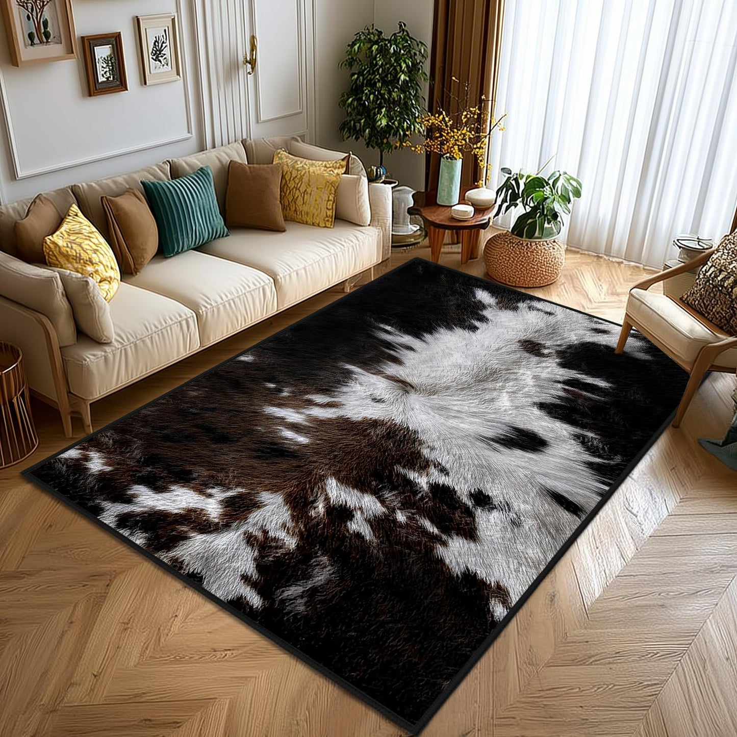 Cowhide Area Rug 5x7,Cow Print Area Carpets for Bedroom, Living Room Carpet Western Rug Rustic Ultra-Thin Washable Throw Floor Rugs Indoor Non Slip Accent Floor Mats for Dining Room,Laundry