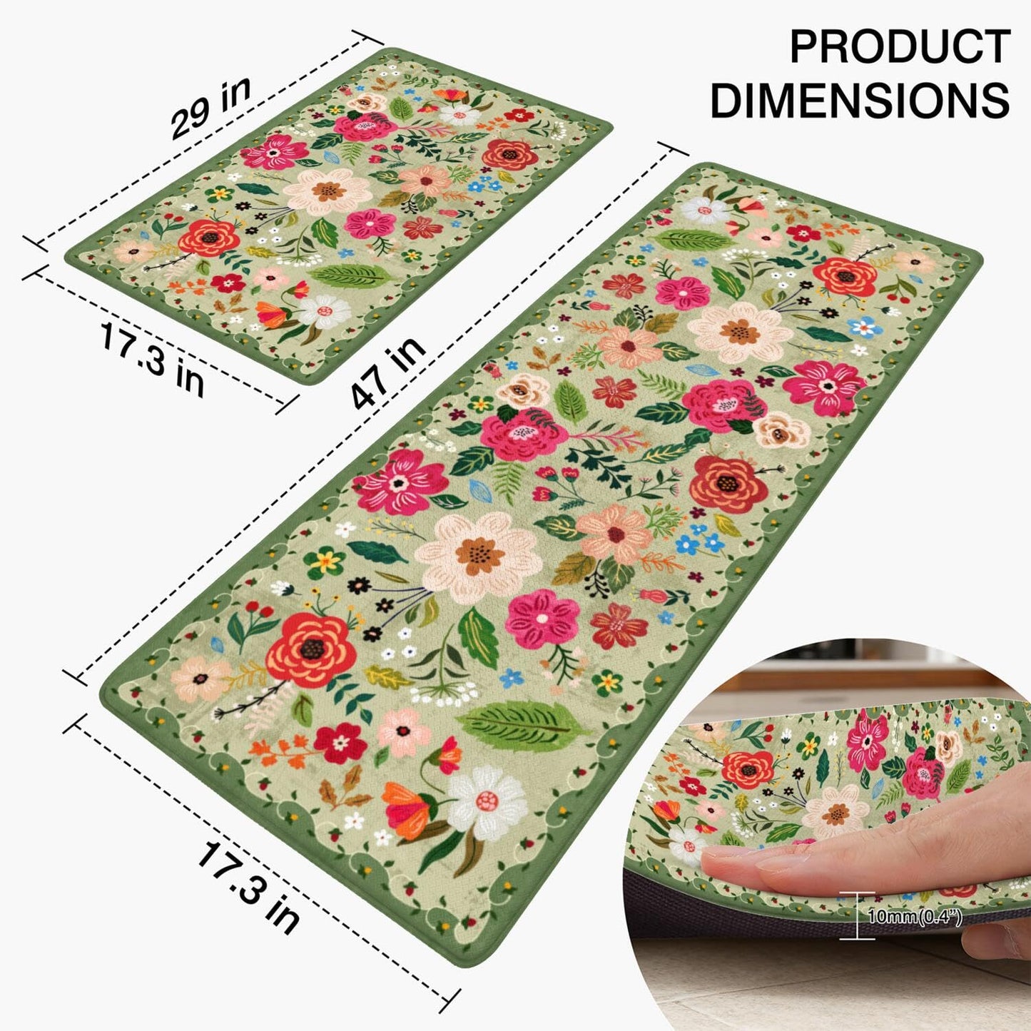 Boho Floral Anti Fatigue kitchen Rugs and Mats Non Slip Comfort Washable Waterproof Floor Kitchen decor Mat, Modern Farmhouse Bohemian rug Set of 2 for Home, Sink, Laundry, 17.3"x47"+17.3"x30"