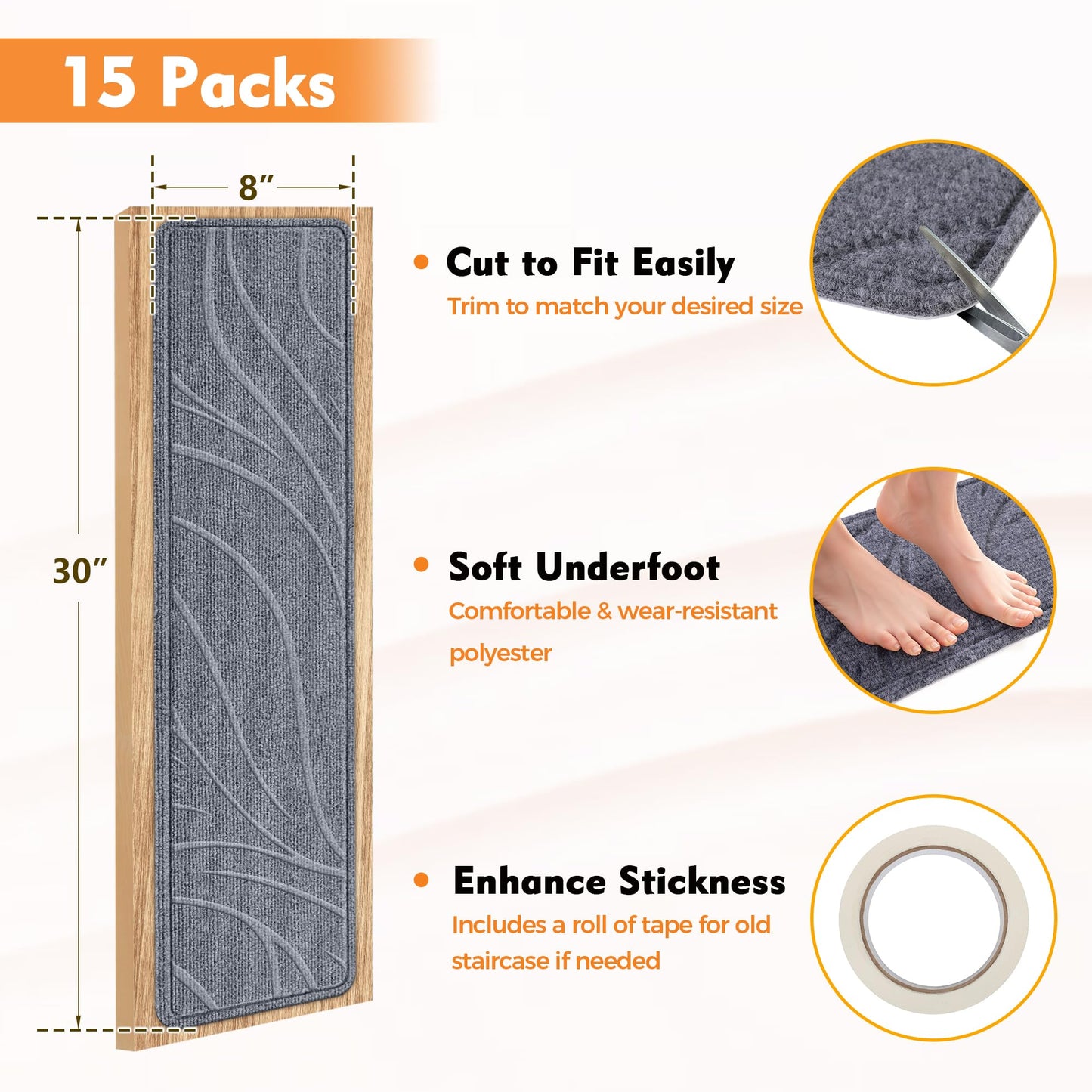 ComfyInLove Stair Treads for Wooden Steps, 15 PCS 8"x30", Non-Slip Indoor Stair Runners, Washable & Reusable Stairs Carpet Rugs with TPE Backing, No Residue, Safe for Kids, Pets, Seniors (Gray)