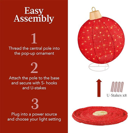 Best Choice Products 2pc Lighted Pop-Up Outdoor Christmas Ornament Set, Holiday Ball Decoration w/ 180 LED Lights, 8 Light Functions - Red/Green