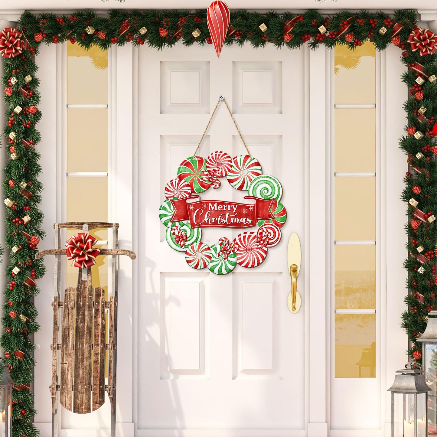Peppermint Candy Front Door Decor - Merry Christmas Wreath Sign for Xmas Holiday Decorations - Wooden Rustic Door Hanger