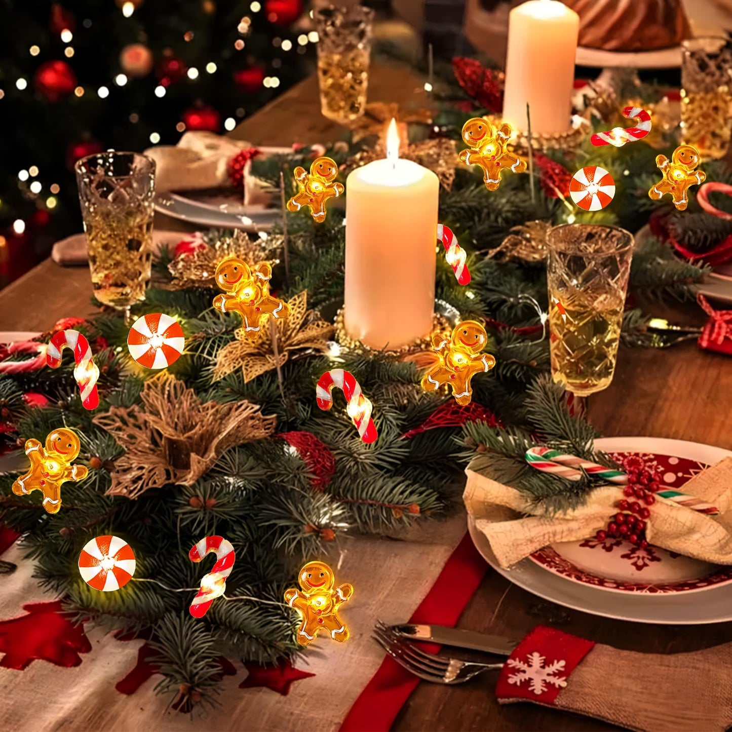CRAFLOX [Timer Christmas Gingerbread Decorations, 16Ft 40LED Candy Cane Christmas Fairy Lights Battery Operated, Xmas Gingerbread Man String Lights Decorations Indoor Holiday Party Tree Decor