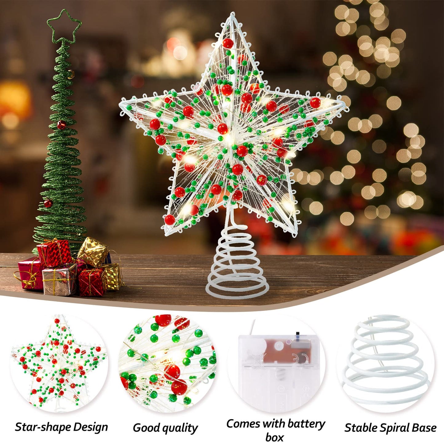 Whaline Christmas Star Tree Topper 8.3 Inch Red Green Berries Dotted 3D Star Treetop LED Lighted Battery Powered Unique Design Xmas Tree Ornament for Christmas Party Indoor Outdoor Home Decoration