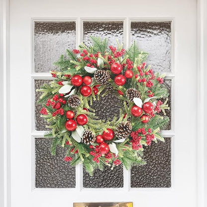 Super Holiday Artificial Christmas Wreath, Front Door Wreaths Decorations for Home, Party, Holiday, Thanksgiving, Xmas Decor - with Wreath Hanger, Green/Red
