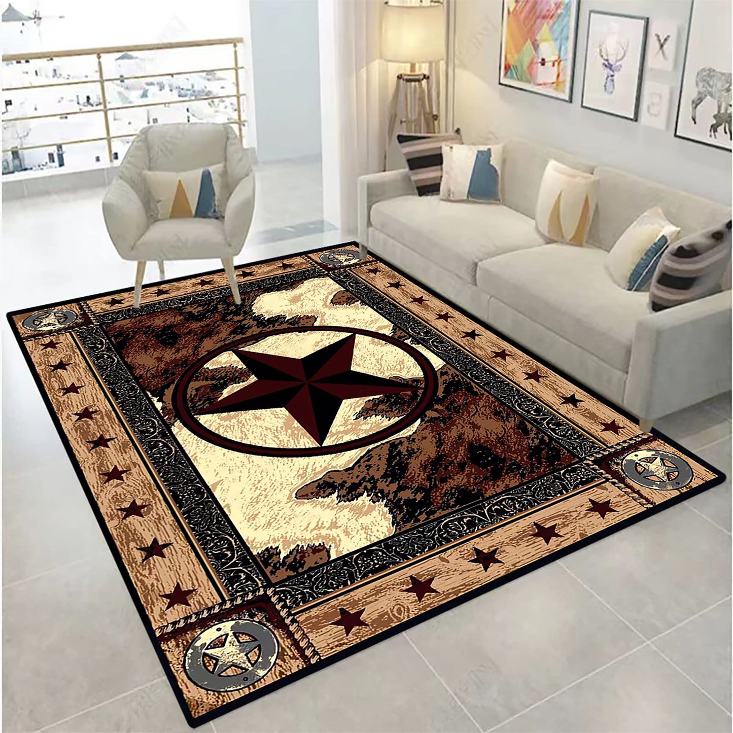 Brown Rustic Western Texas Star Modern Area Rug Primitive Carpet Farmhouse Rug Cowhide Runner Rug Non-Slipping Doormat for Hallway Kitchen Living Room Bedroom Laundry Room Entryway 5' x 7'