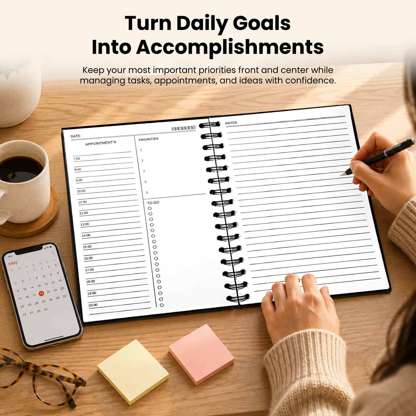 Undated Daily Planner Notebook With Hourly Schedule - Hardcover Appointment Day to do List Notebook for Women & Men - A5(5.7" x 8.3") Spiral Black