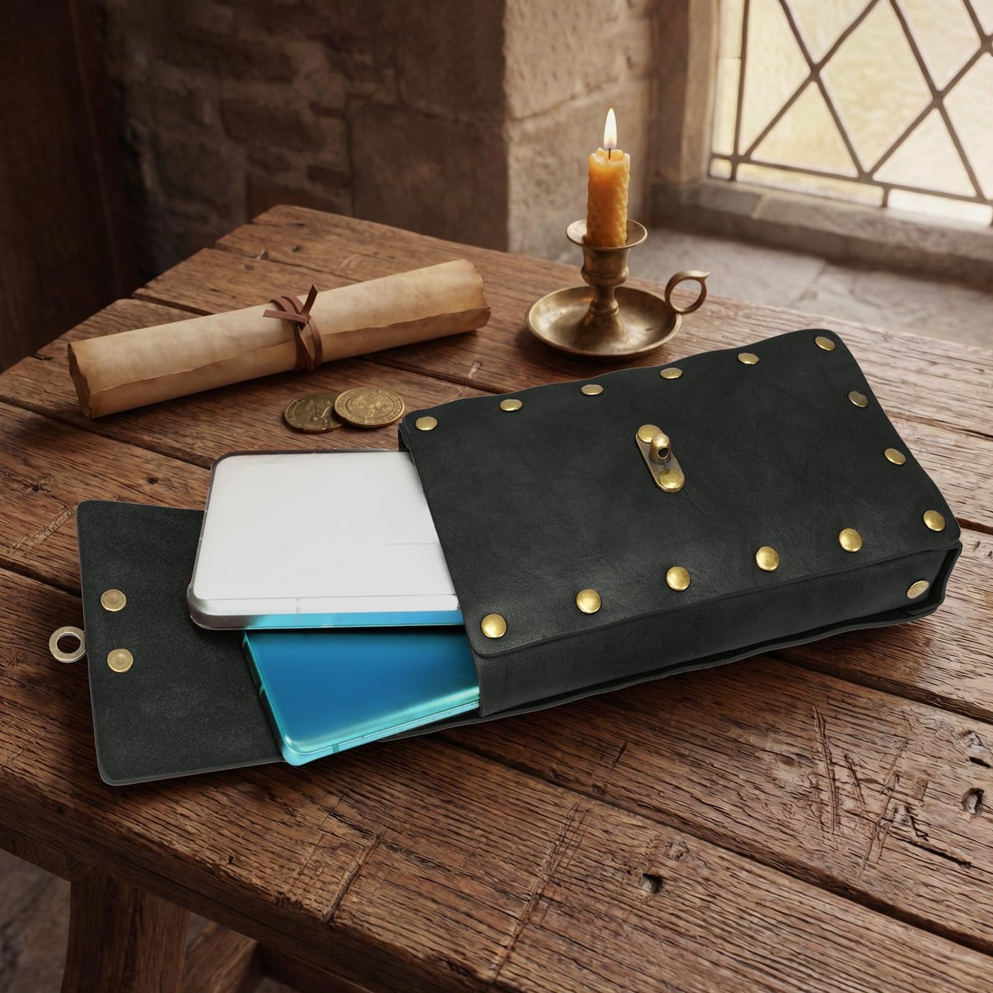 Renaissance Medieval Belt Pouch Set - Medieval Accessories with Pirate Belt Waist Bag Purse for Halloween & Cosplay (Black-A)