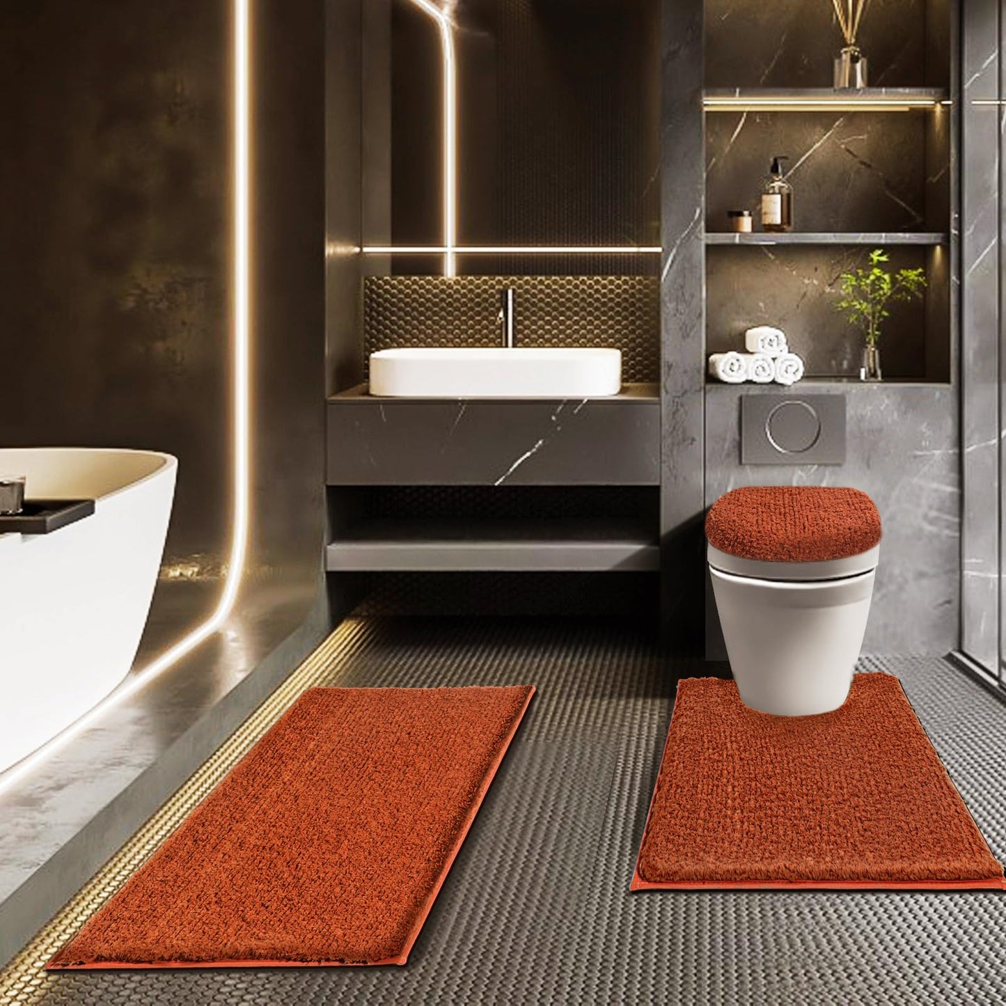 Baahrnom Bathroom Rugs Sets 3 Piece with Adjustable Toilet Seat Cover 17.5"x 15" Machine Washable Bath Rug Set with TPR Non Slip Rubber Backing Solid Bath Mat Set for Luxury Bathroom Decoration