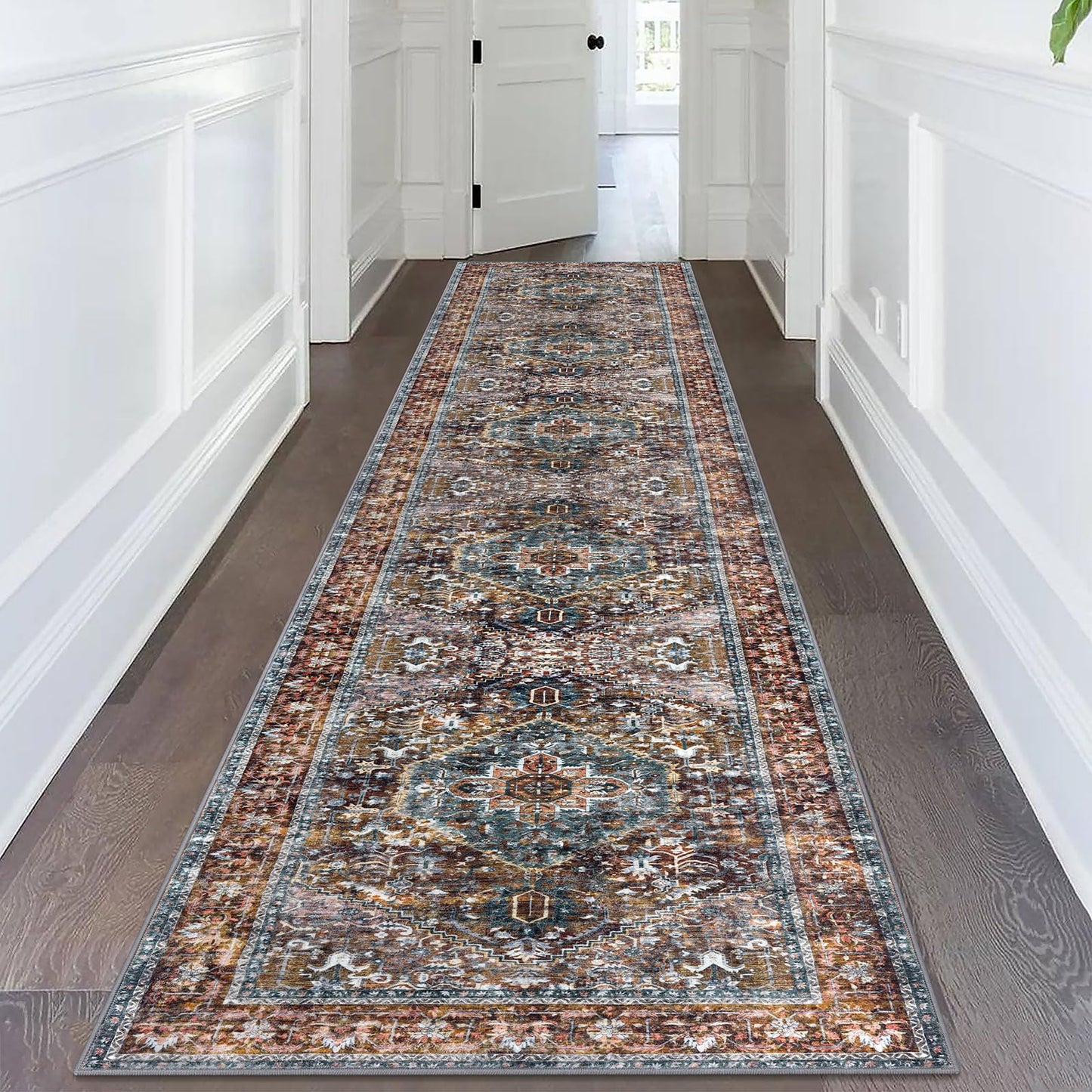 KOZYFLY Area Rug 3x14 Ft Washable Boho Runner Rug for Entryway Hallway Indoor Printed Faux Wool Carpet for Kitchen Bedroom Hall, Brick Red/Orange/Green
