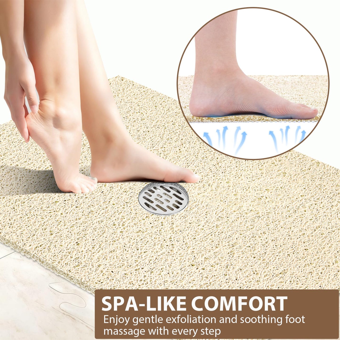 Extra Large Non Slip Shower Mat: 47.2x31.5 inch Loofah Shower Mat for Inside Shower with Drain Hole in Middle, Soft PVC Anti-Slip Shower Stall Mats for Bathroom,Wet Area, Quick Drying