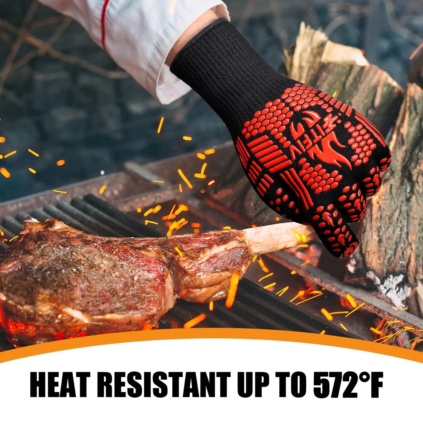FITFIV BBQ Gloves, Oven Gloves, Extreme Heat Resistant Barbecue Gloves, Silicone Non-Slip Oven Mitts, Kitchen Gloves for Cooking, Grilling, and Baking (Red)