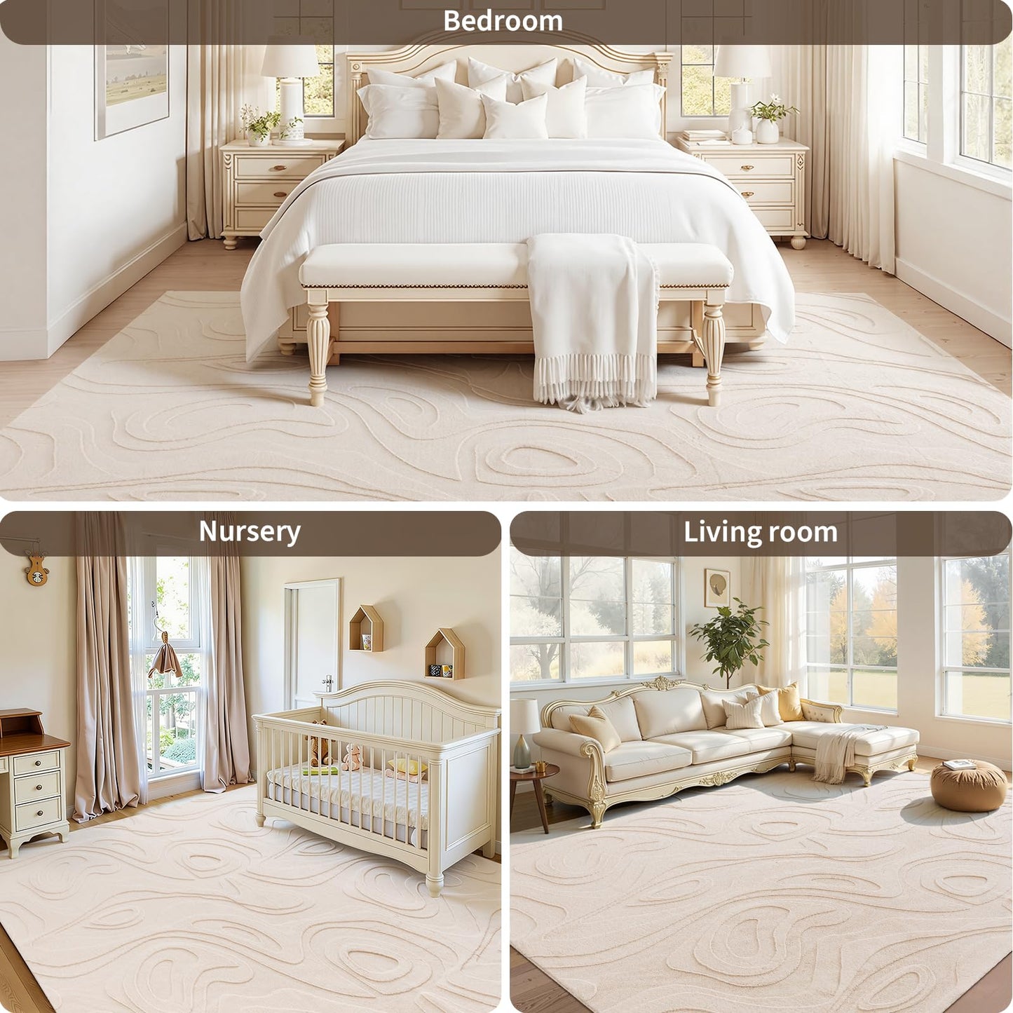 UKISS Washable Rugs 8'x10' Area Rugs for Living Room ，Ultra Soft Faux Rabbit Fur Embossed Rug for Bedroom, Non Slip&Non-Shedding Low Pile Large Carpets for Home Decor Beige