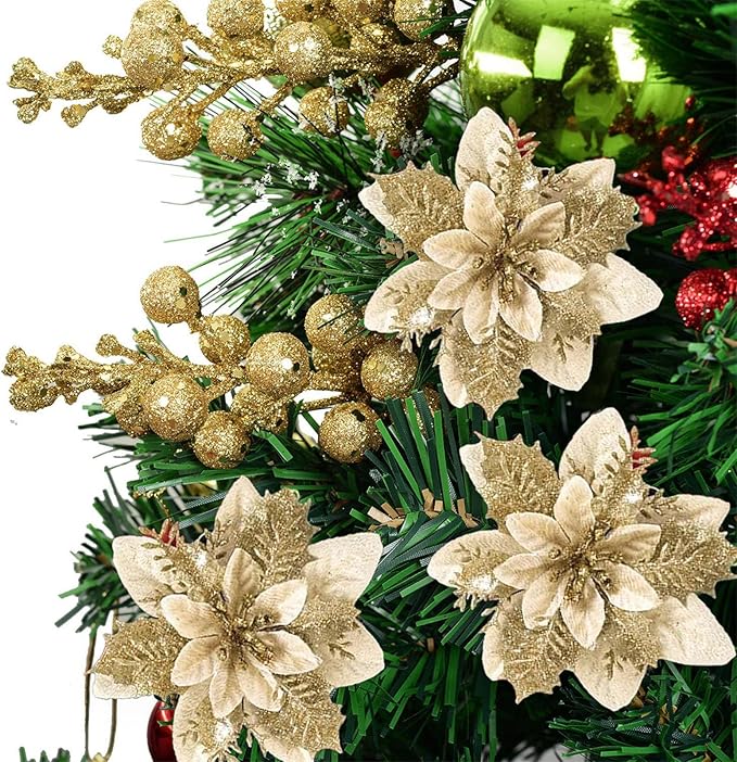 Christmas Flowers Artificial Box Set, Christmas Themed Floral Decorations for DIY Christmas Tree Ornament Wedding Birthday Wreath Decoration (A)