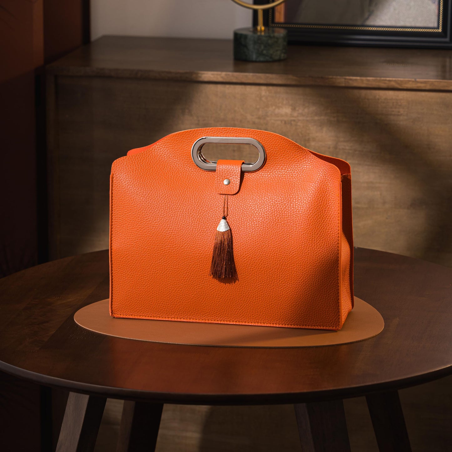 HiCrast Orange Leather Wine Tote Bag – 13x11x4 inch Portable Wine Carrier with Built-In Divider for 1-2 Bottles, Elegant Wine Travel Bag and Double Wine Gift Bag for Weddings, Parties & Picnics