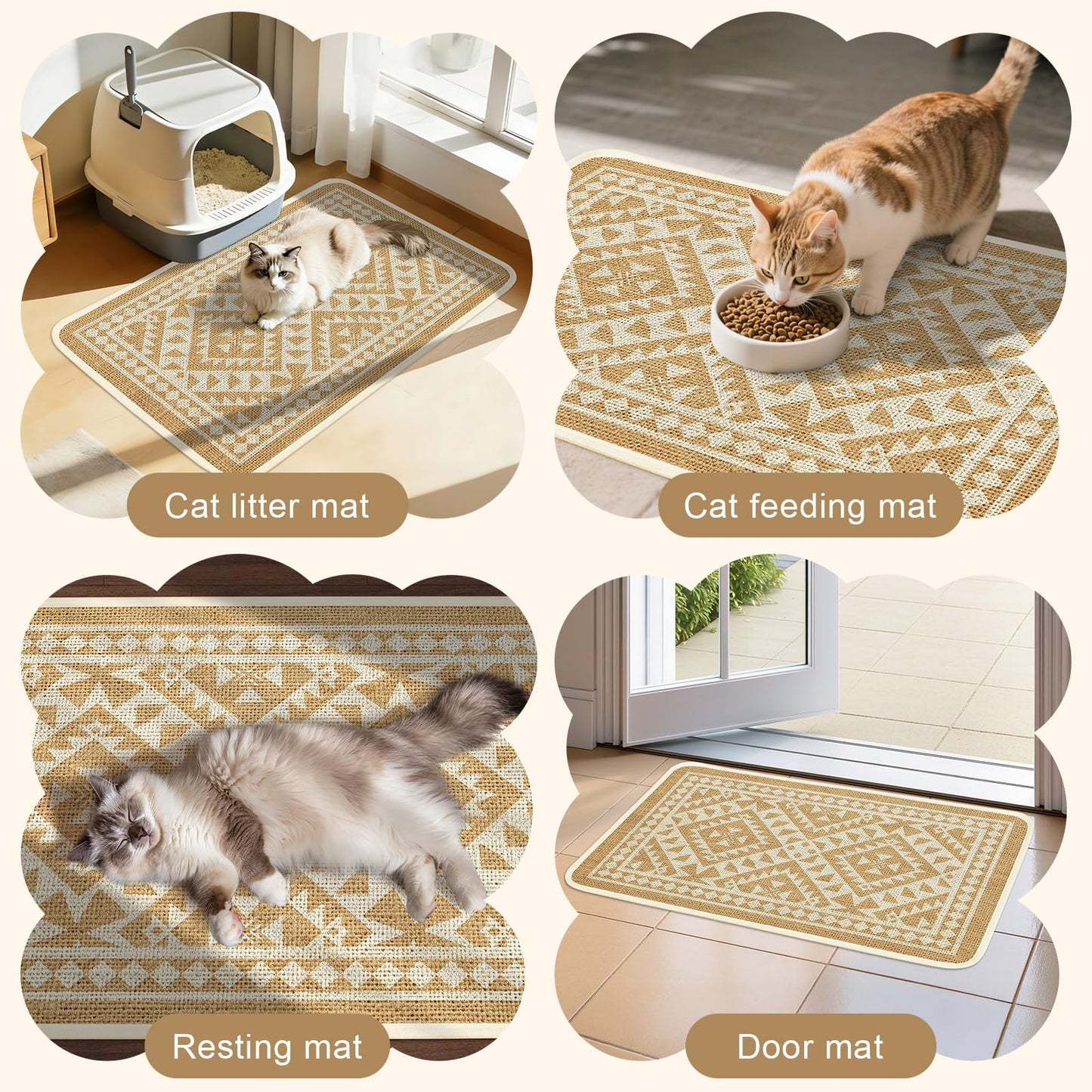 Bienbee Cat Litter Mat, 33" x 22" Litters Box Mat Machine Washable Less Waste Waterproof Litter Mats, Non-Slip Cat Litters Trapping Mats Easy to Clean Linen Geometric L