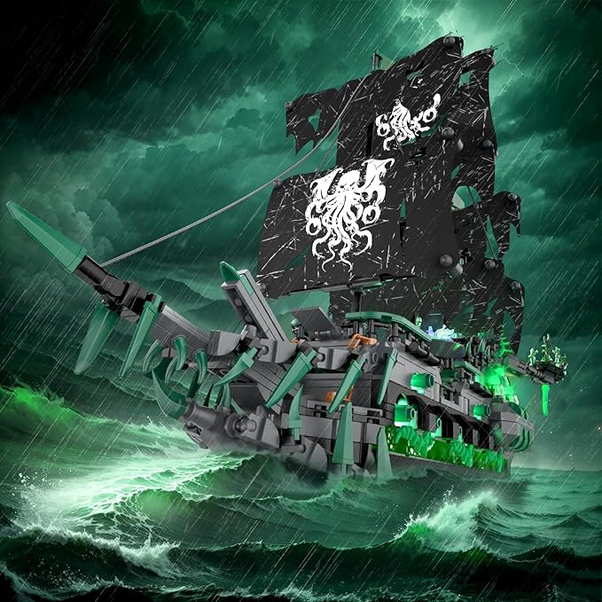 NUTCRACKER Pirate Ship Building Blocks Set with LED Lights Ghost Ship Flying Dutchman Toy Building Sets for Adults DIY Sailboat Model Kit for Easter Halloween Birthday's Gift (1100 Pcs)