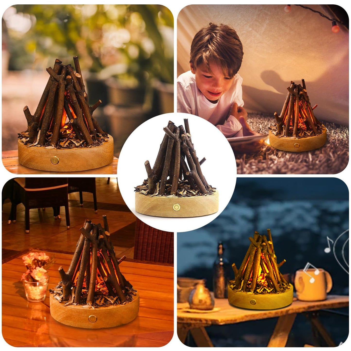 Zsiey Handmade Wooden Simulated Bonfire Lights, Desktop Decorative Halo Lights, Creative Log Bonfire Night Lights USB Charging flameless Candles Three Modes LED Flashing Breath Flame (Art Deco)
