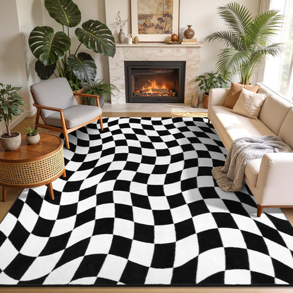 Yamaziot 8x10 Large Checkered Area Rug, Non-Slip Soft Washable Living Room Rug with Rubber Backing, Low Pile Rug Floor Carpet for Dinning Room, Bedroom, Black
