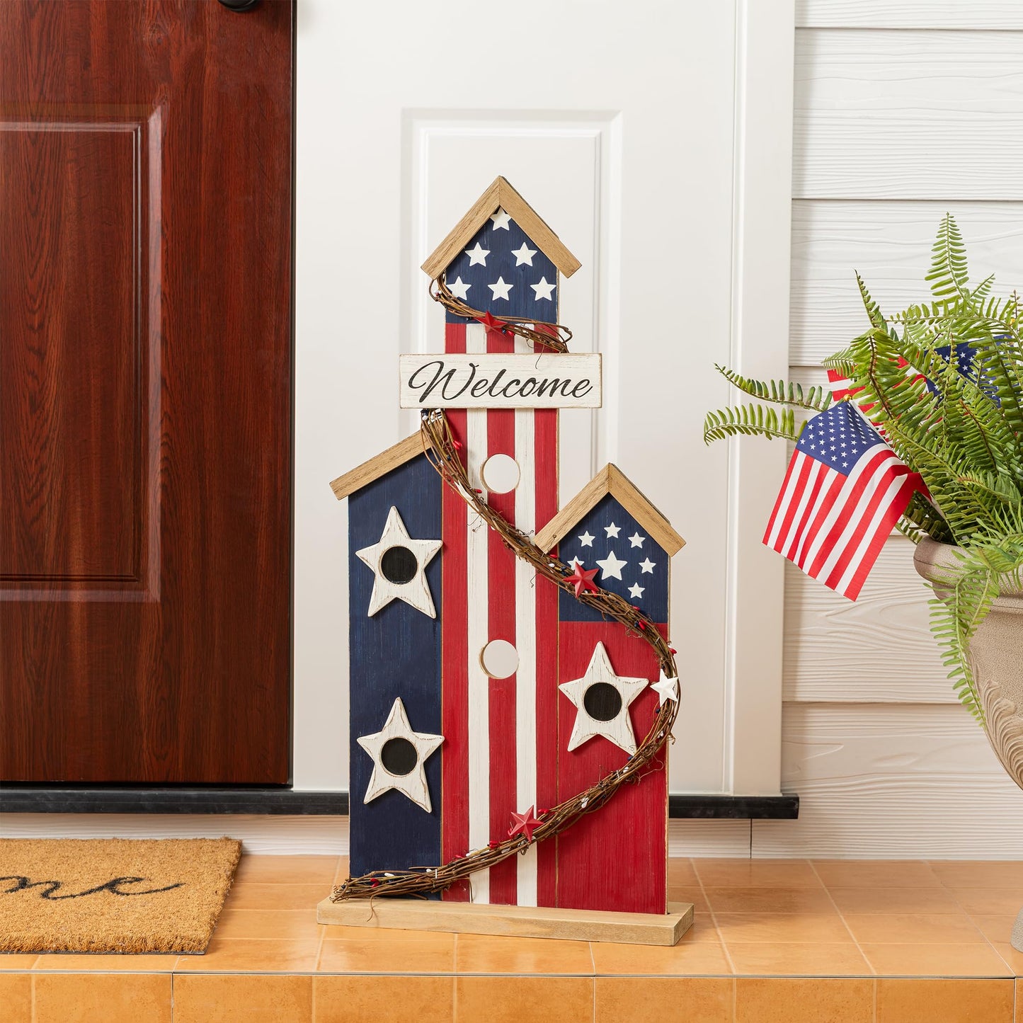Glitzhome 30'' Patriotic Birdhouse Porch Decor, God Bless America Wooden Welcome Sign with Star, 4th of July & Independence Day Outdoor Indoor Decor