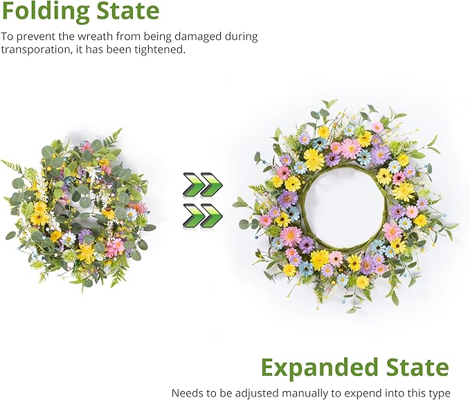 24" Front Door Wreath for Spring Summer Floral Seasonal Wreath with Colorful Flower Vibrant Artificial Daisy &Eucalyptus with Berries for Indoor & Outdoor Wall Home Decor