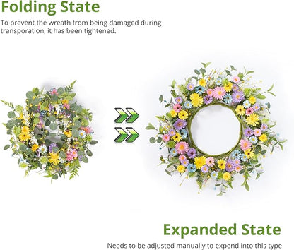 24" Front Door Wreath for Spring Summer Floral Seasonal Wreath with Colorful Flower Vibrant Artificial Daisy &Eucalyptus with Berries for Indoor & Outdoor Wall Home Decor