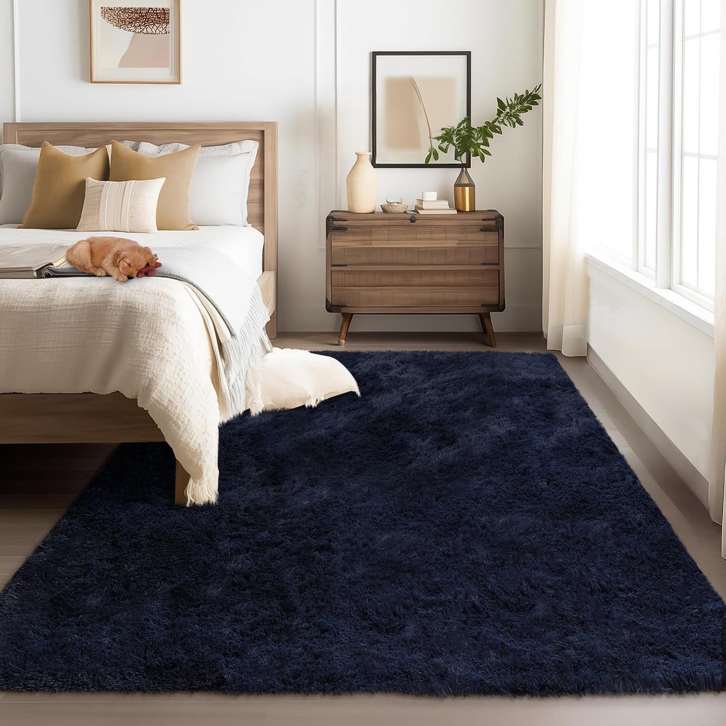 Garvee 8'x10' Oversized Fluffy Area Rug, Tie-Dye Luxury Shag Carpet for Living Room, Large Fuzzy Plush Rug for Basement & Family Room, Non-Slip, Bedroom Decor, Dark Navy