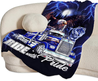 Truck Blanket Decor Gifts for Trucker, Truck Flannel Fleece Fuzzy Lorry Throw Blankets, Soft Warm Cozy Plush Eagle Wolf Blanket for Bed Couch Living Room Stuff Decoration for Kids Adult 50"x40"