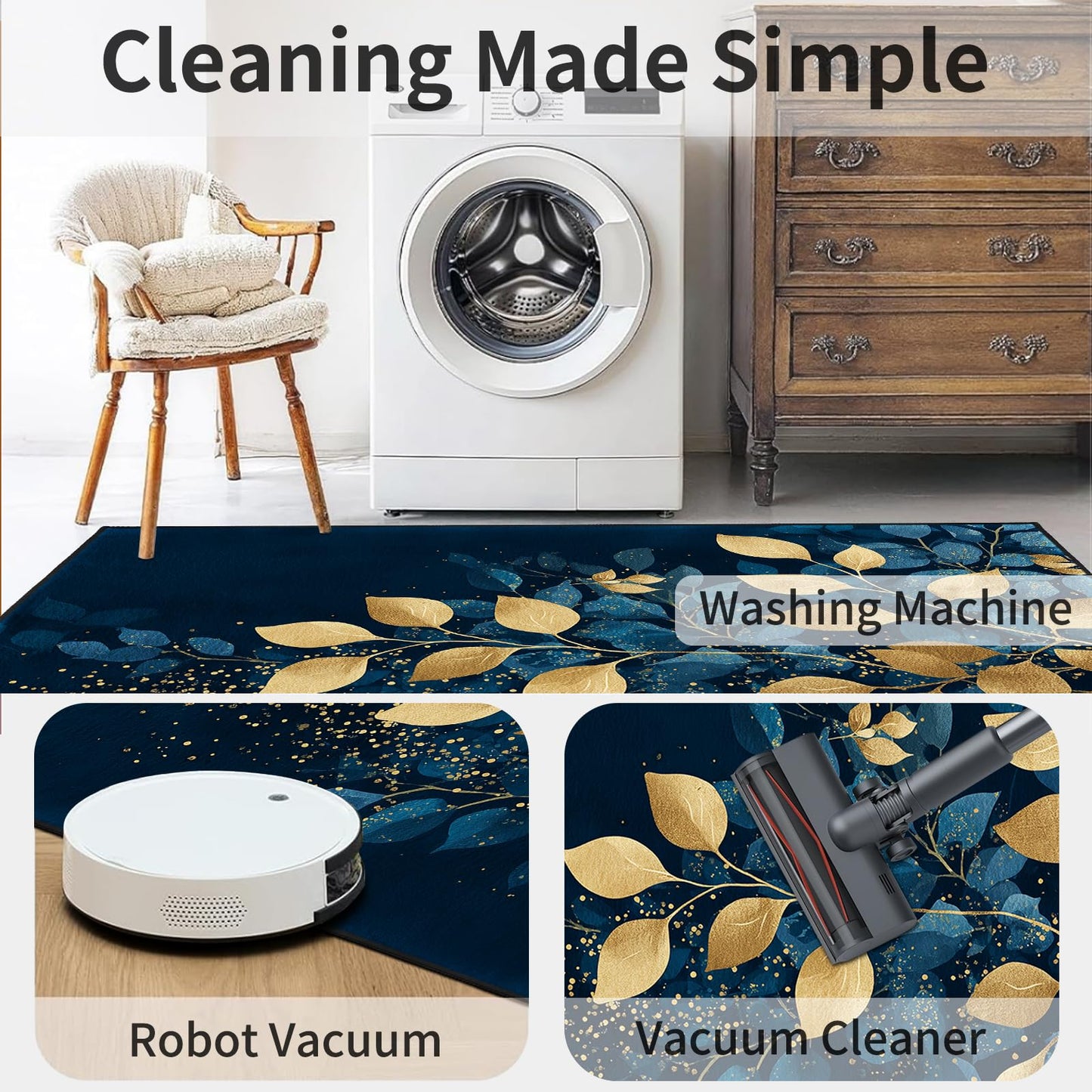 AQQA Quiet Luxury Abstract Leaves Area Rug - Navy & Gold Foil Texture Art Carpet - Machine Washable Faux Cashmere Rug - Non-Slip Decorative Floor Mat for High-End Home Decor