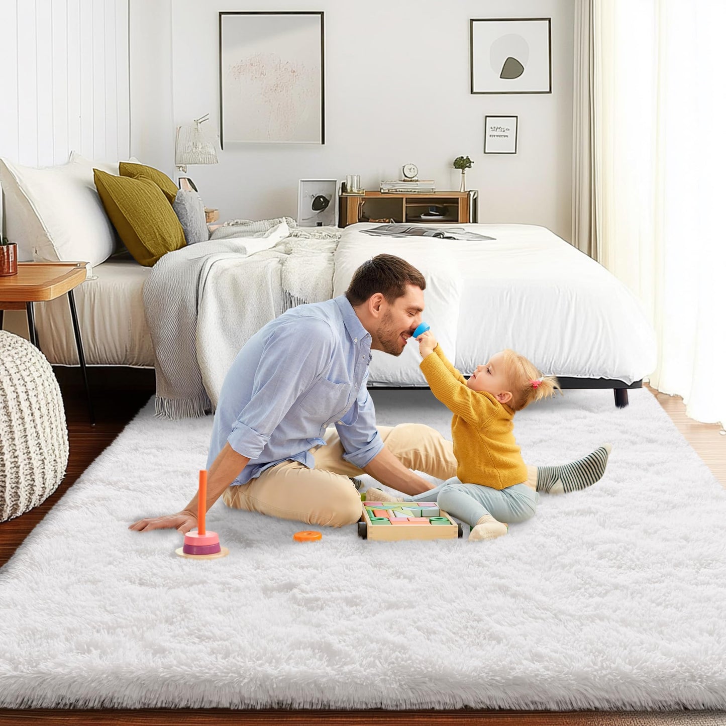 AAFKK 4x6 Area Rug for Bedroom, White Rugs for Living Room Nursery Kids Room Dorm Home Decor Aesthetic, Fluffy Shaggy Rug with 4 Anti-Slip Carpet Tapes