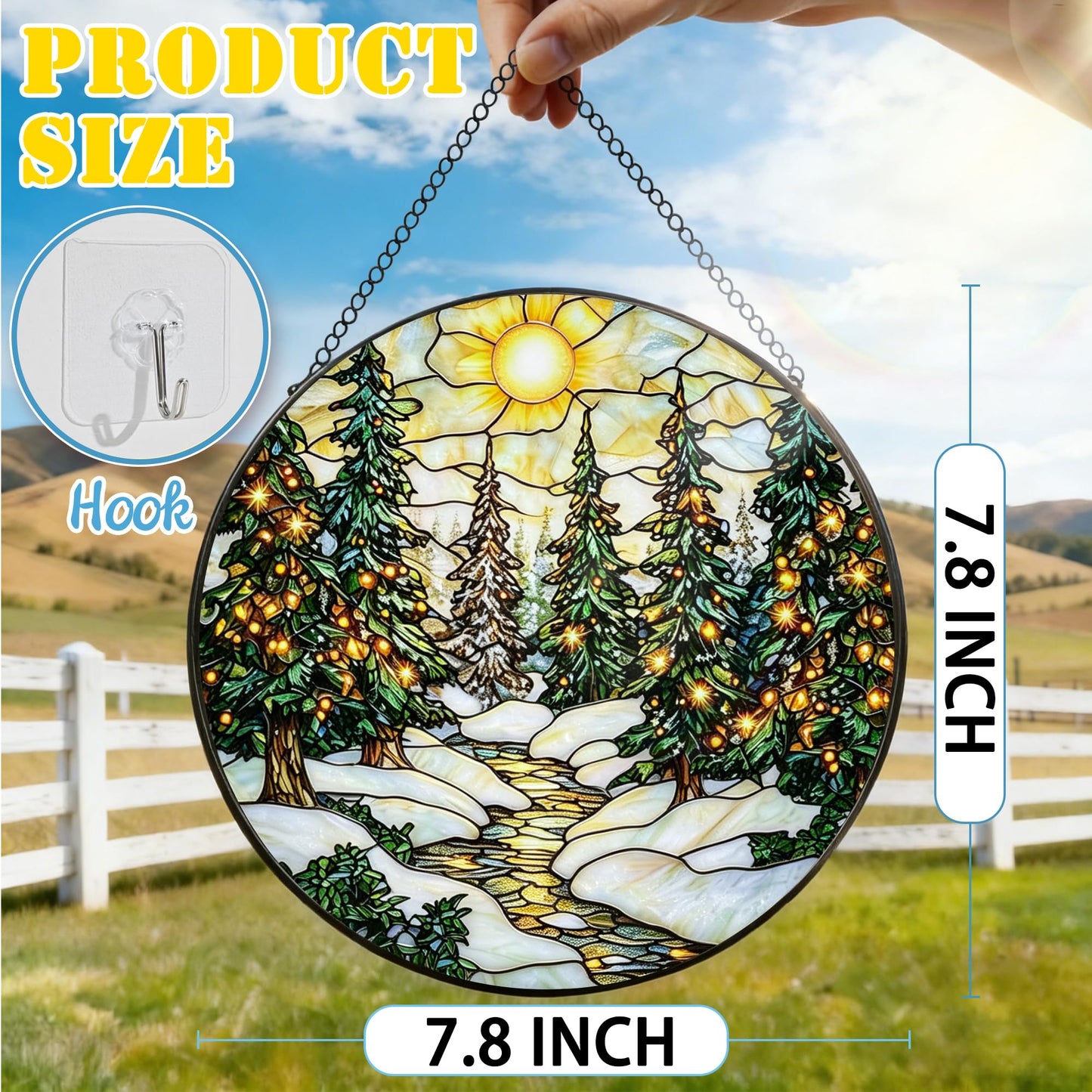 Stained Glass Window Hanging, 7.8 Inch Winter Forest Stained Glass Suncatcher, Window Hanging Decor, Christmas Landscape Ornament, Gifts for Women, Men & Nature Lovers, Gifts for Christmas & Holiday