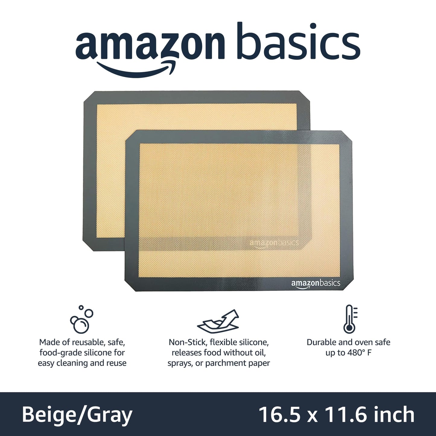 Amazon Basics Silicone Rectangular Baking Mat, Non-Stick, Reusable, Dishwasher Safe, Food Safe, Heat Resistant, 16.5" x 11.6", Beige/Gray, 2-Pack