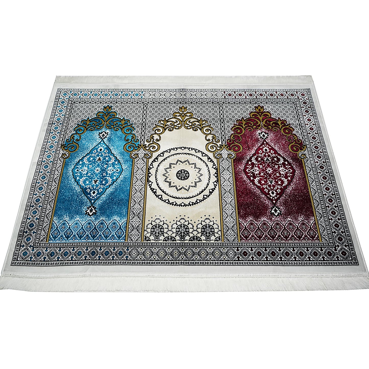 Modefa Turkish Islamic Prayer Rug - Wide Plush Velvet Praying Mat - Multi Person Muslim Janamaz Sajada for Family 3 People Salam Group Carpet 17-1