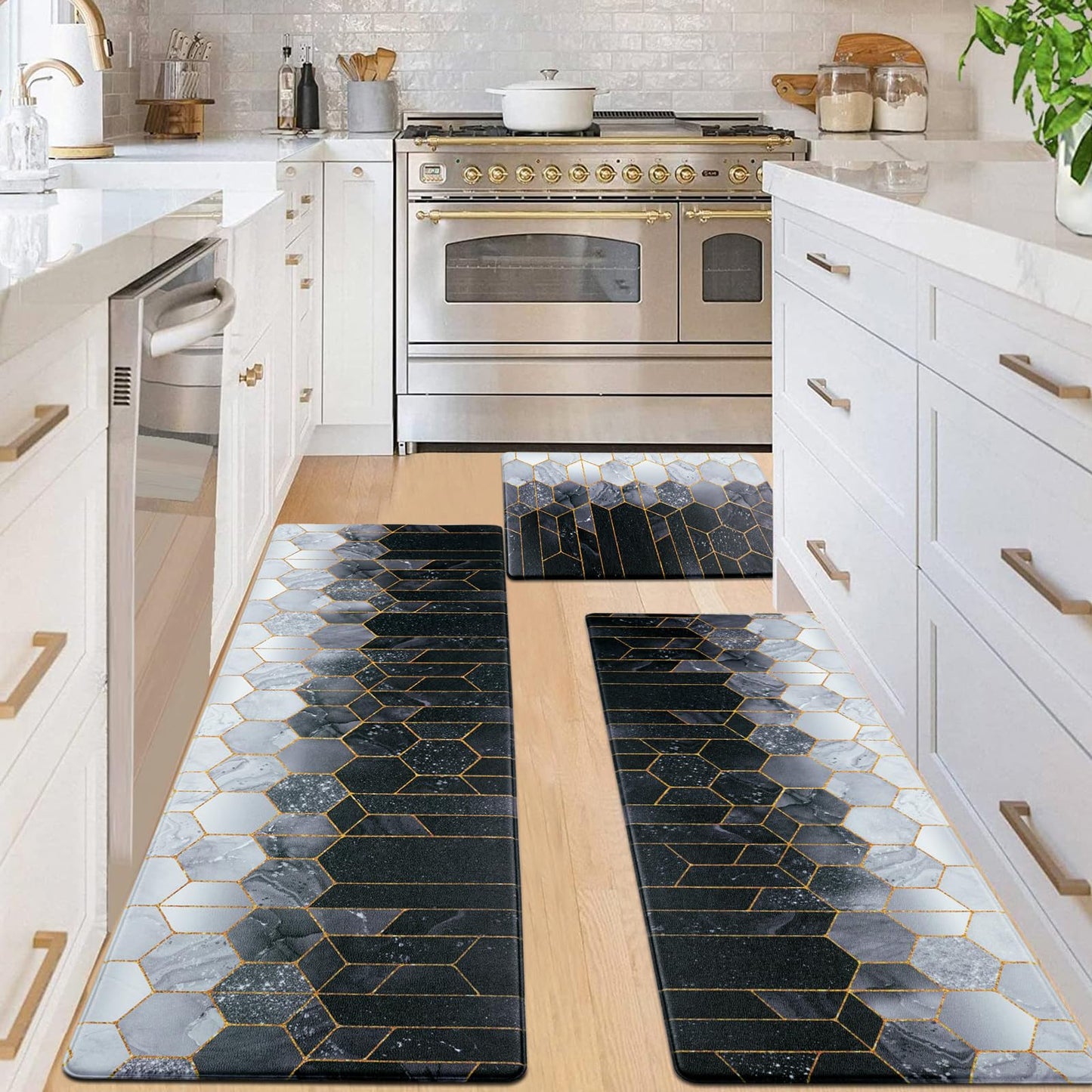 Likiyol Kitchen Rugs Set of 3 Marble Kitchen Mats for Floor Anti Fatigue Mats for Kitchen Floor, Black Grey Ombre Kitchen Rugs Non Slip Washable Kitchen Floor Mat, 18'' x 30''+18'' x 48''+18'' x 60''