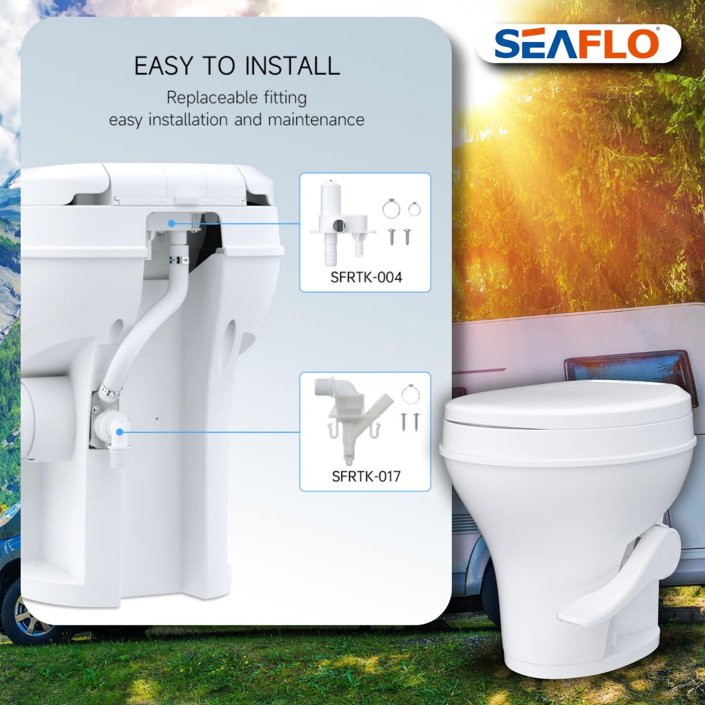 SEAFLO Residential Height Camper/RV Toilet with Sprayer Attachment, 18.5” Standard Height, Gravity Flush System, Foot Pedal Operation, Soft Close Seat, 4-Year Warranty (With Sprayer Attachment)