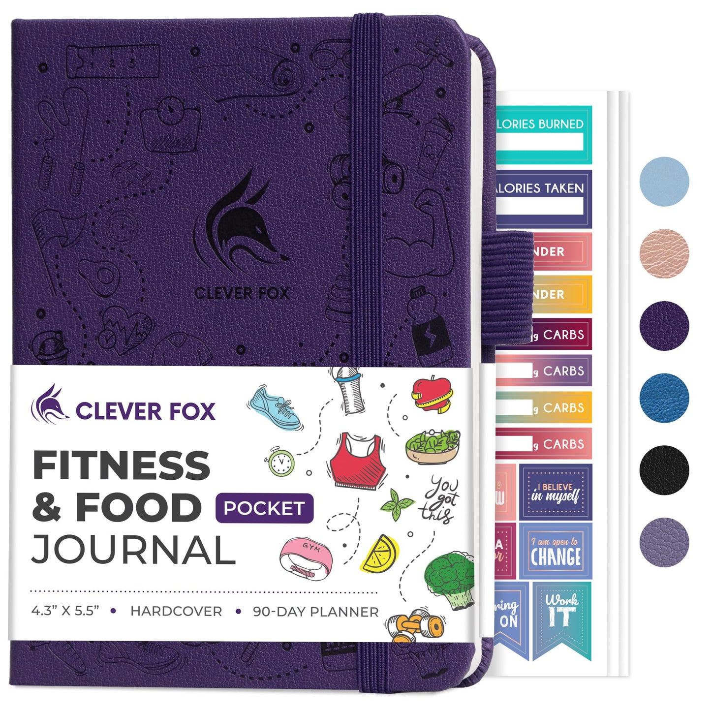 Clever Fox Fitness & Food Journal Pocket – Nutrition & Workout Planner for Women & Men – Diet & Gym Exercise Log Book with Calendars, Diet & Training Trackers – Lasts 3 Months, 4.3x5.5” (Purple)