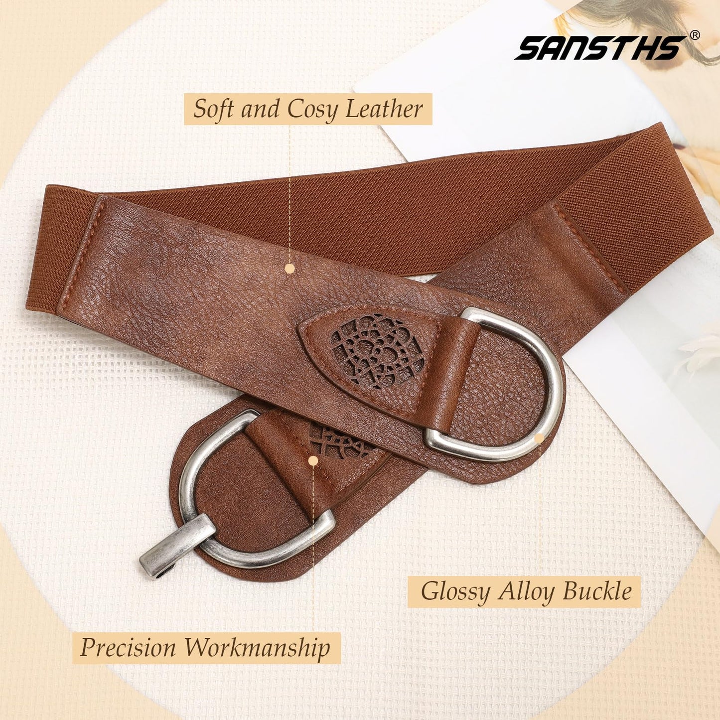 SANSTHS Vintage Women Stretchy Wide Belt Chunky Buckle Elastic Wide Waist Belts for Dresses Coats, Coffee XXL