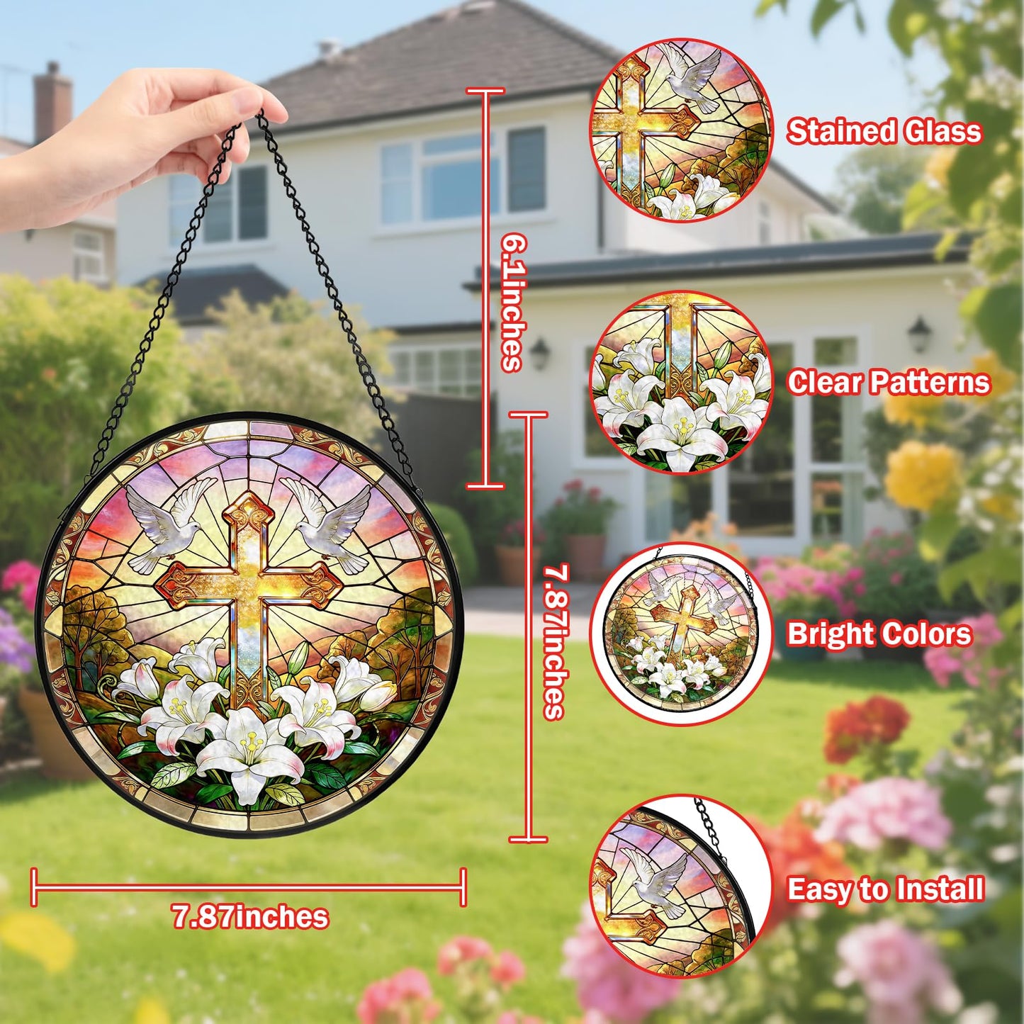 Cross Stained Glass Window Hanging, Flower Suncatcher Diamond Glass Panel Hangings, Sun Catchers Indoor Windows Wall Art Decor, Pastor Christian Gift, for Home Office 7.87 inches
