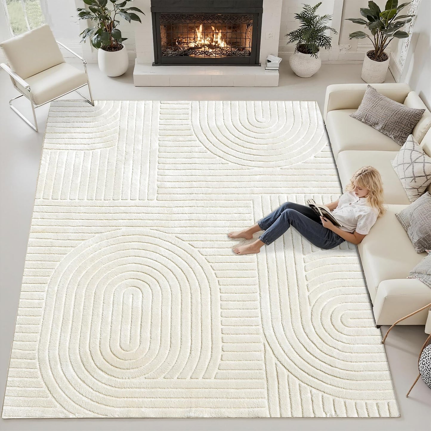 MATIIUI Beige Solid Area Rug 8x10 – Large Washable Soft Indoor Rugs for Living Room Bedroom, Modern Geometric Bohemian Pattern High-Low Pile Textured Carpet for House Apartment, Home Office Decor