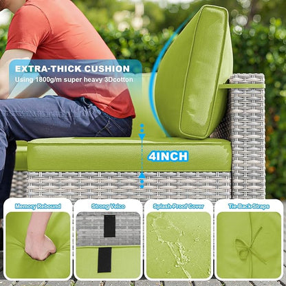 11-Piece Patio Furniture Set, Outdoor Patio Furniture with 55,000 BTU Fire Pit Table, Swivel Chairs Set, Thick Cushions, Modular Patio Sofa, Dual-Strand Rattan, Rust-Resistant Frame, Grass Green