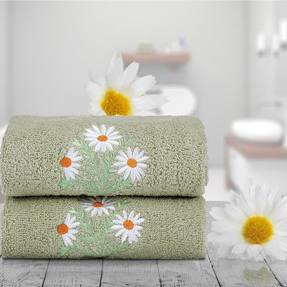 2 Pcs Daisy Flower Hand Towels Gray Green Bathroom Decor 14x29 Inch Embroidered