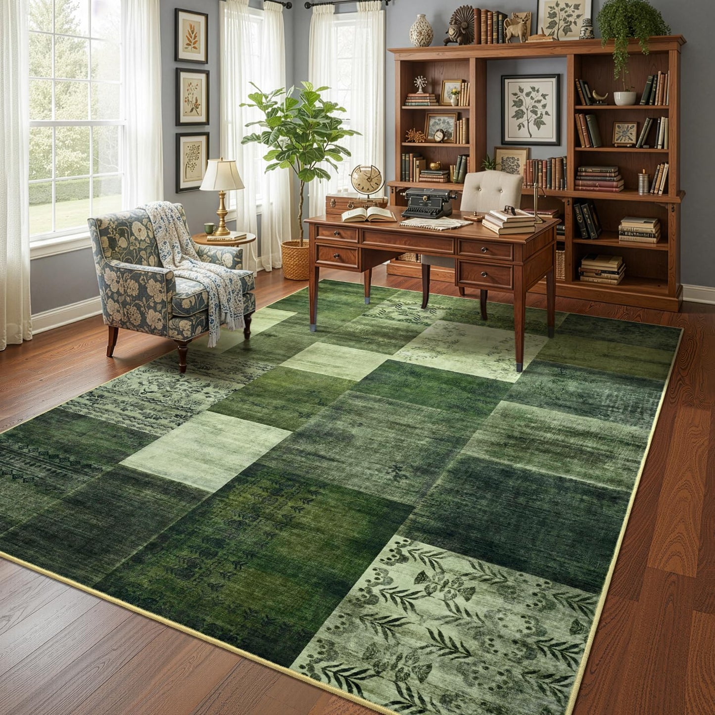 DweIke Washable Area Rugs 5x7 for Living Room, Modern Geometric Green Soft Patchwork Carpet, Non-Slip Stain Resistant Throw Rug for Bedroom Dining Room Office Home Decor
