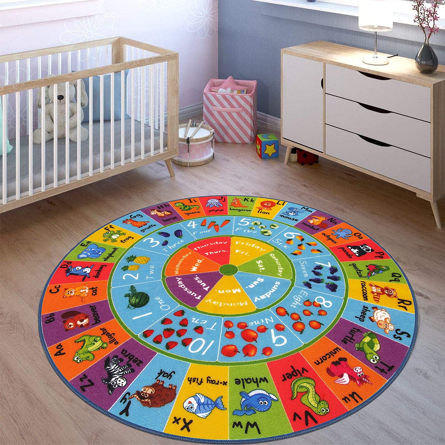 HEBE Kids Play Rug 4ft ABC Alphabet Numbers Shapes Educational Kid Area Rug Washable Baby Crawling Mat Non Slip Kid Play Mat Carpet for Girl Boy Bedroom Playroom