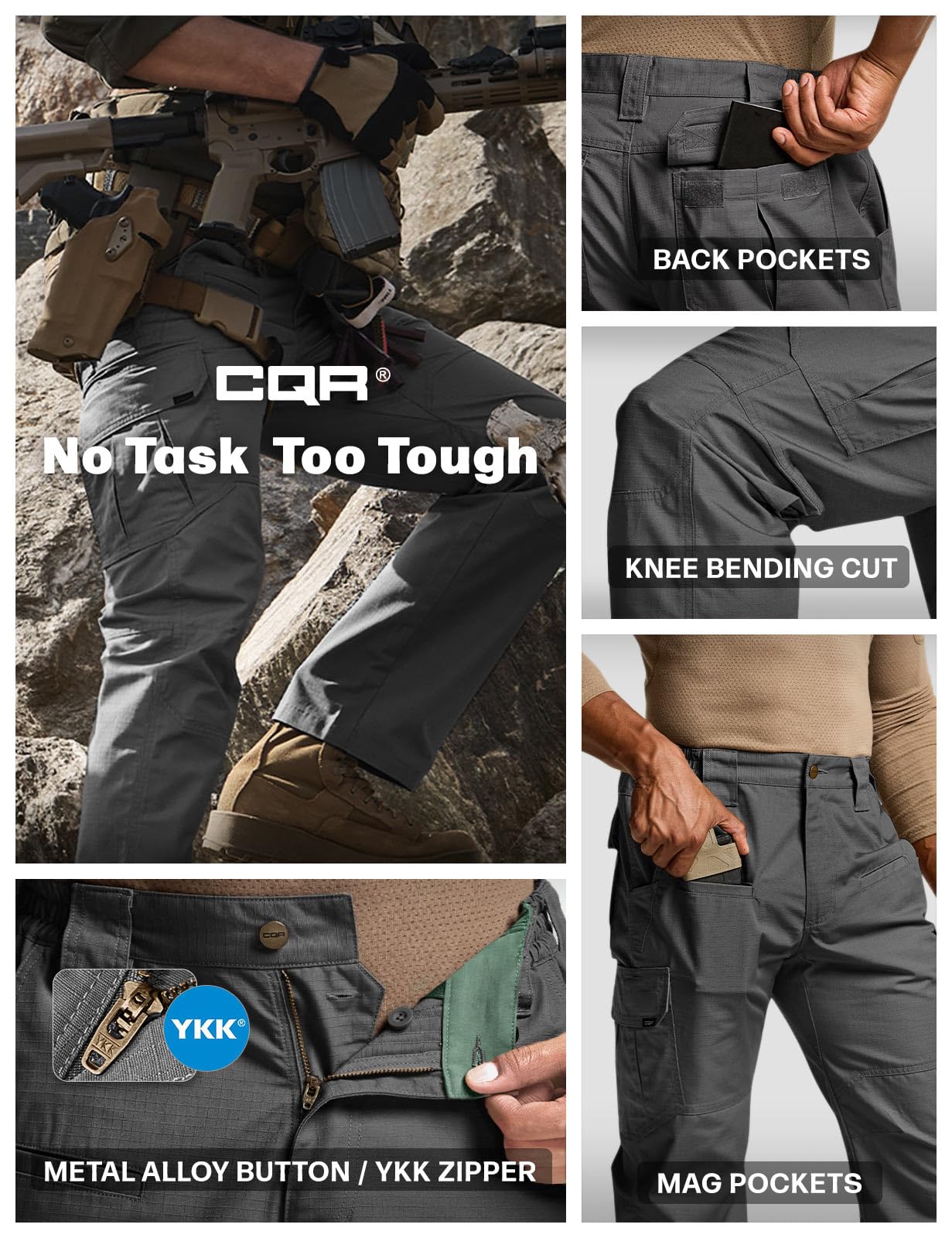 CQR Men's Tactical Pants, Water Resistant Ripstop Cargo Pants, Lightweight EDC Work Hiking Pants, Outdoor Apparel, Raider Charcoal, 38W x 34L