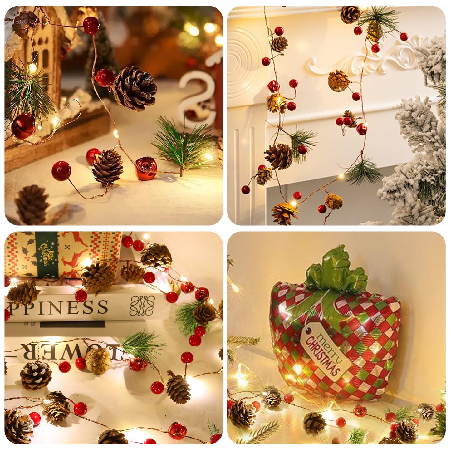 RECUTMS Christmas Garland Decoration with Lights,2PCS 7FT 20LED Pine Cone Red Berry Bell Battery Operated Christma String Light, Lighted Up Pinecone Vine Indoor Xmas Tree New Year Holiday Party Decor