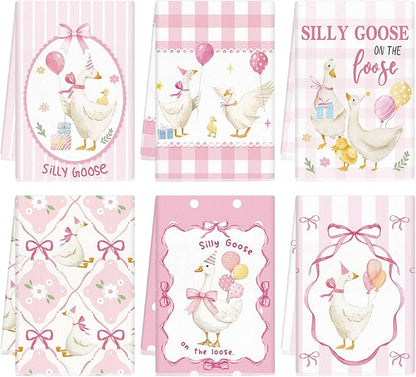 Breling Set of 6 Silly Goose Kitchen Towels Funny Goose Dish Towel Decor Pink