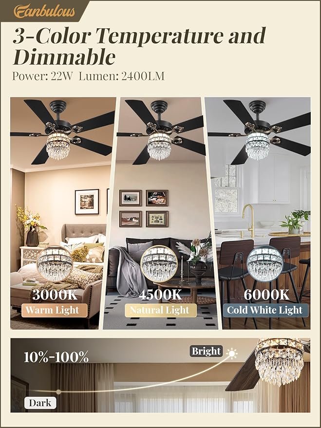 Fanbulous 48 Inch Crystal Chandelier Fan with 22w LED, Fandelier Ceiling Fan with Light, Dimmable, 3CCT, 6-Speeds, Quiet DC Motor, Ceiling Fan Chandeliers, Modern Ceiling Fans for Bedroom, Living Room