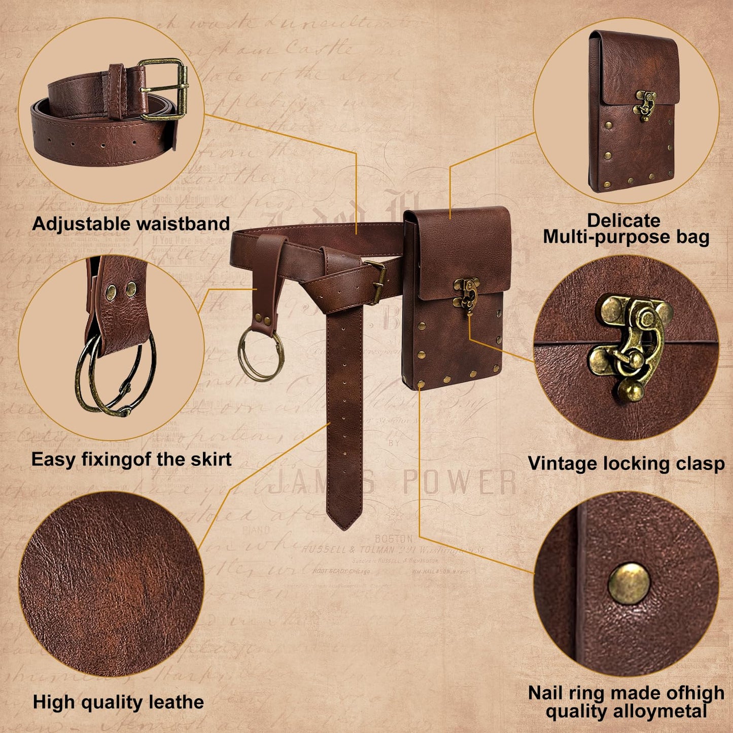 WooHand Renaissance Belt Bag Waist Bag Punk Medieval Leather Belt Bag Skirt Set, LARP Role-Playing Clothing Easter Retro Accessories (Brown)